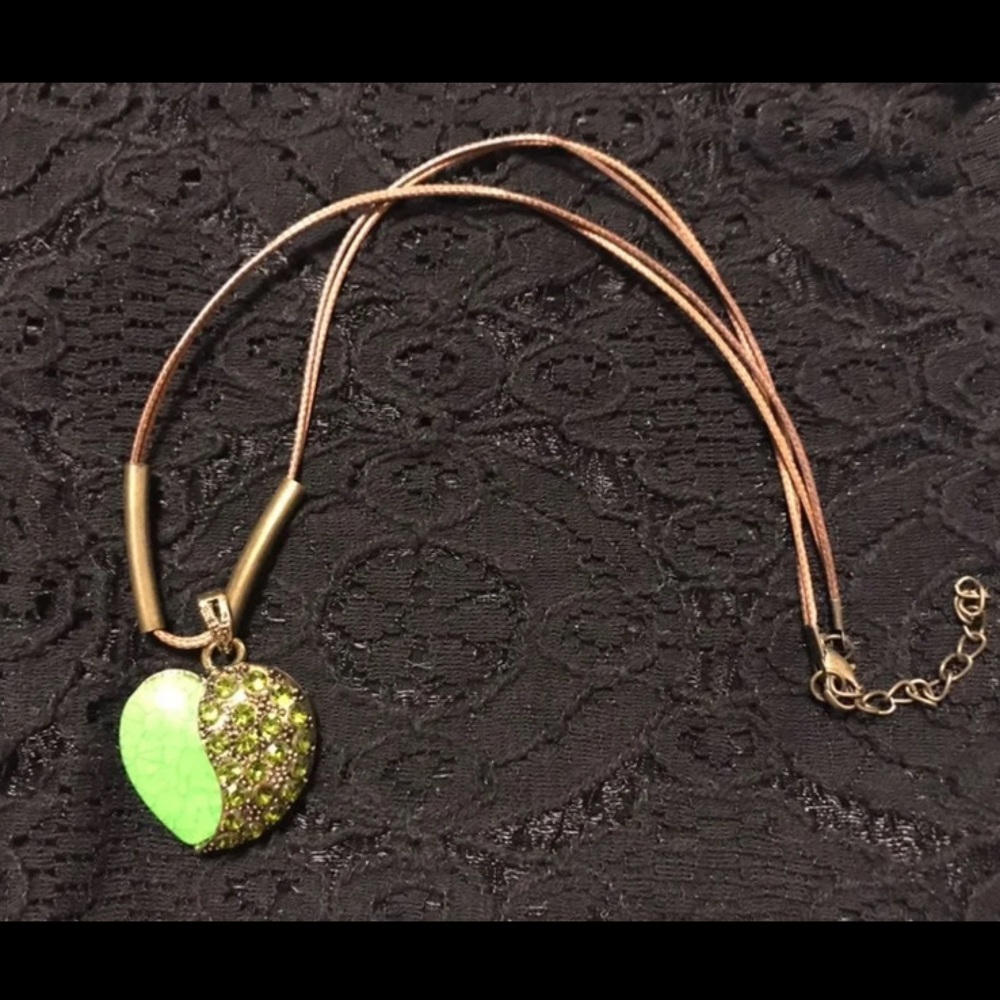 Green & Gold Heart w/Rhinestones Necklace